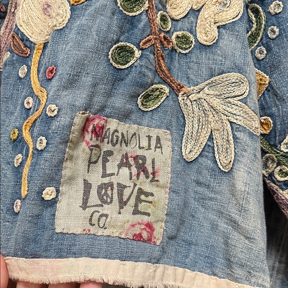Magnolia Pearl Floral Embroidered Jean Jacket - Blue and Cream - Picture 5 of 6